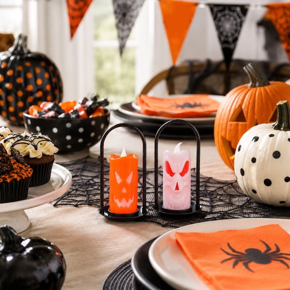 Halloween Flameless Candles, Battery Operated Jack-o'-Lantern Tea Lights Candles, Handheld Resin LED Flameless Tealight Candle Party Home Decor