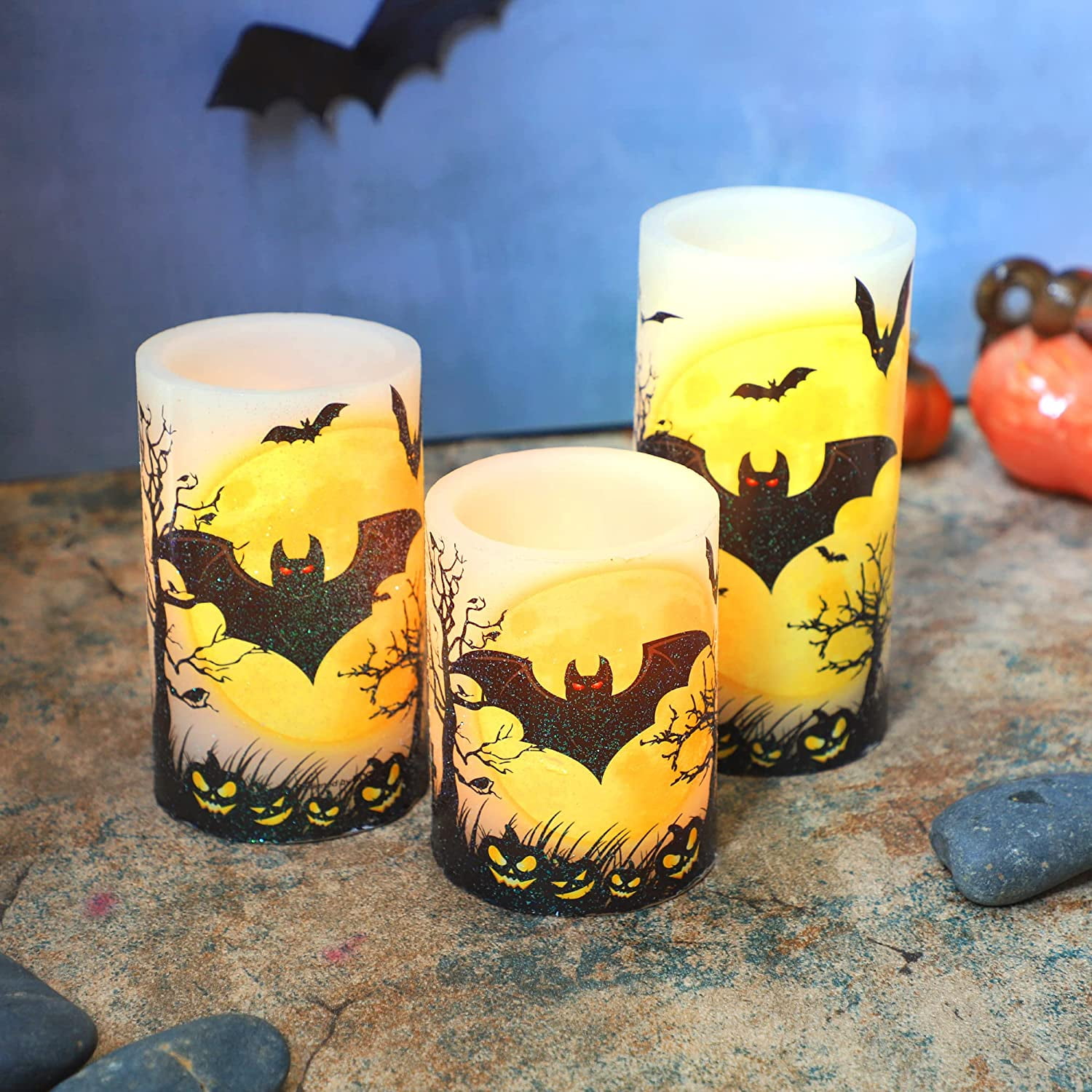 Halloween Flameless Candles, Black LED Candles with Remote, Set of 3