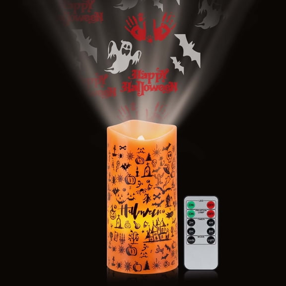 Halloween Flameless Candles Projector Lights with Bat Ghost Projection, Flickering Orange Pillar Candles with Remote & Timer, Spooky LED Candles Battery Operated for Halloween Home Party Decor