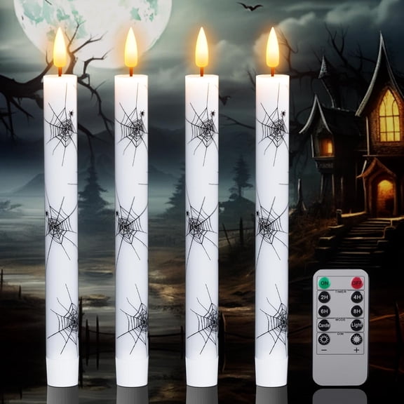 Halloween Flameless Taper Candles Battery Operated with Remote and Timer, Real Wax 3D Wick Flickering LED Taper Candle Spider Web Decals Dinner Table Halloween Decor(4 Pack, 0.78D x 9.64H)