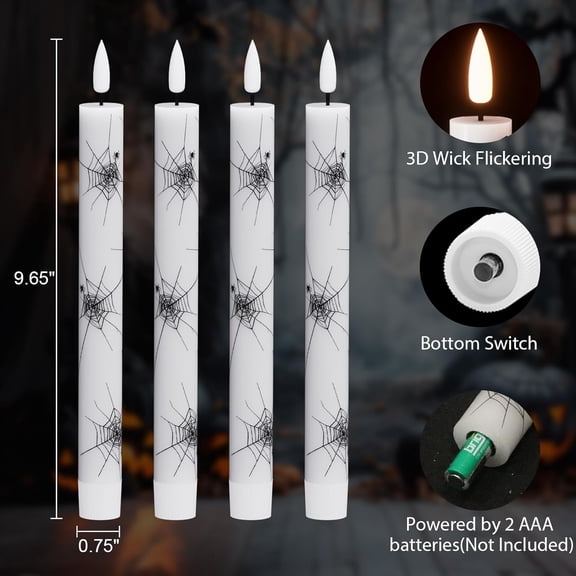 Halloween Flameless Taper Candles Battery Operated with Remote and Timer, Real Wax 3D Wick Flickering LED Taper Candle Spider Web Decals Dinner Table Halloween Decor(4 Pack, 0.78D x 9.64H)