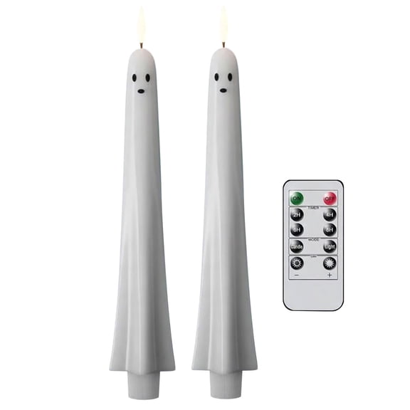 Halloween Flameless Taper Candles with Remote Timer, Ghost LED Taper Candle, Spooky Ghost Battery Operated 3D Wick Flickering Halloween Candles for Halloween Decorations Indoor Gift 2PCS