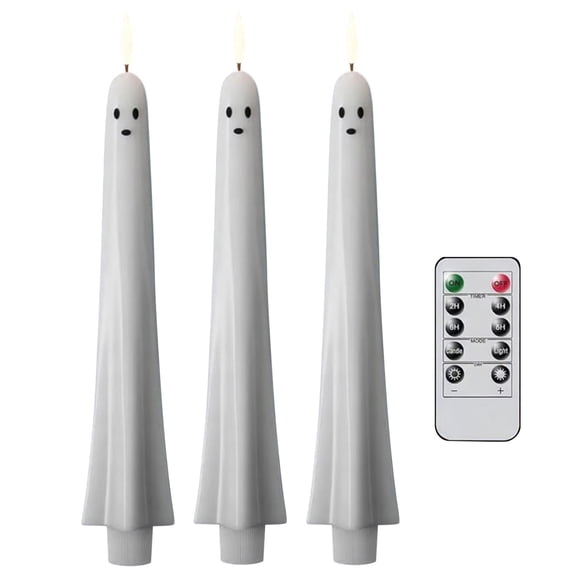 Halloween Flameless Taper Candles with Remote Timer, Ghost LED Taper Candle, Spooky Ghost Battery Operated 3D Wick Flickering Halloween Candles for Halloween Decorations Indoor Gift 3PCS