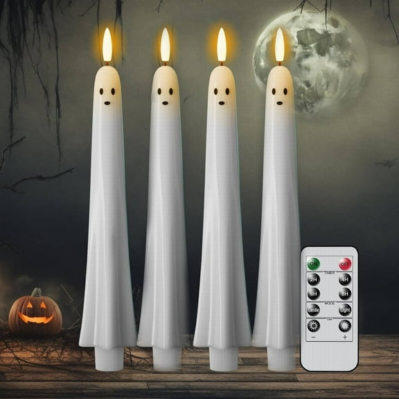Halloween Flameless Taper Candles With Remote & Timer Real Wax LED Candles Battery Operated Flickering/Steady Light Decor For Halloween Parties Fireplace Table Centerpieces (White