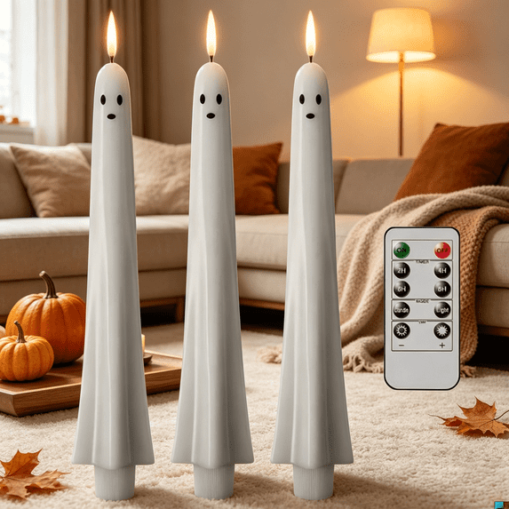 Halloween Flameless Taper Candles With Remote complete ghost candle gift set flame free family safe full remote adjust for mantel window tabletop display (3Pcs C)