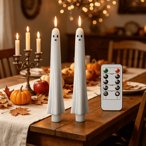Halloween Flameless Taper Candles With Remote seasonal dinner candlestick non toxic smokeless wax auto timing warm glow for fall harvest indoor party ornament (2Pcs B)
