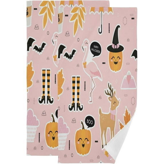 Halloween Flamingo Deer Hand Towels for Bathroom, Autumn Pumpkin Fall Kitchen Towel 2 PCS Ultra Soft and Highly Absorbent Decorative Fingertip Face Bath Towels for Spa & Hotel, 28.3"x 14.4"