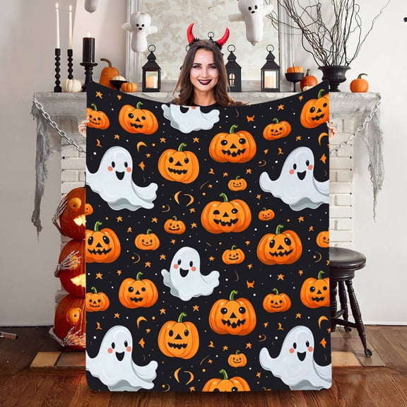 Halloween Flannel Blanket, 30*39in Cute White Ghost Soft Nap Shawl Blanket, Warm Lightweight Throw Blanket for Bedroom Nap, Sofa Cover, Office Air Conditioner, Halloween Home Festival Decoration