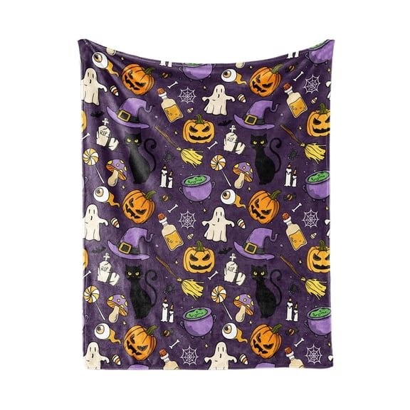 Halloween Flannel Blanket, Assorted Ghost Pumpkin Witch Hat Pattern Soft Warm Throw Blankets for Sofa Bed, Great Gift for Her/Him