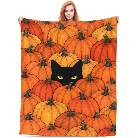 Halloween Flannel Blanket Fall Thanksgiving Pumpkin Black Cat Throw Blankets Soft Plush Warm Fall Blanket for Home Living Room Couch Sofa Bed Decor Gifts for Adult Wife Self 50"X60"