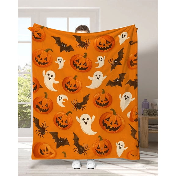 Halloween Flannel Blanket Pumpkin Ghost Bat Spider, 60x52 in