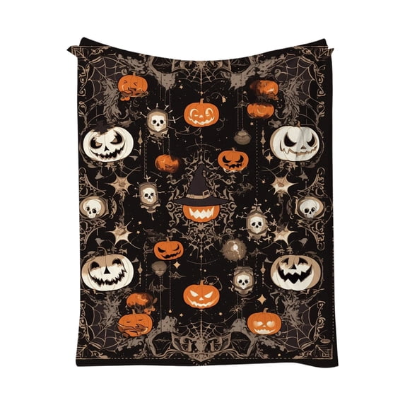 Halloween Flannel Blanket, Pumpkin and Skull Pattern Soft Warm Throw Blankets for Sofa Bed Chair, Halloween and Fall Winter Supplies