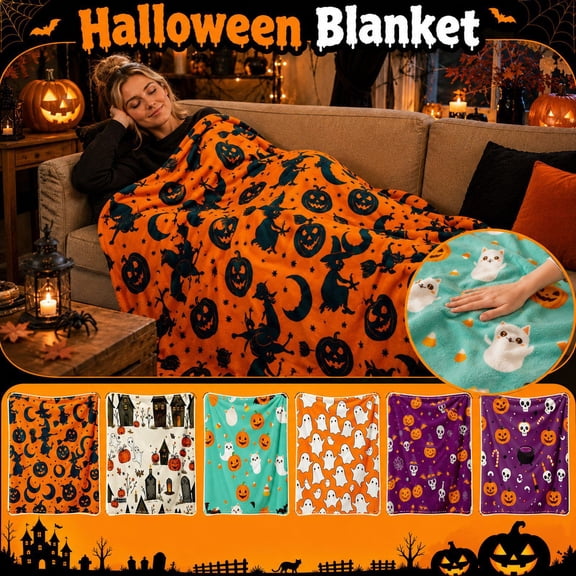 Halloween Flannel Blanket Soft Throw for Couch Sofa Bed, Cozy Fall Home Decor, Lightweight Warm Plush Bedding for Autumn Fall Living Room, Spooky Holiday Gift Idea, 1Pack A