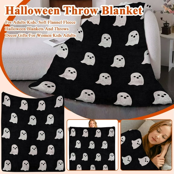 Halloween Flannel Blanket Throw, Cute Ghost Black Soft Fuzzy Plush Cozy Fleece Blankets for Couch Sofa Bed Lounging, 52x60in