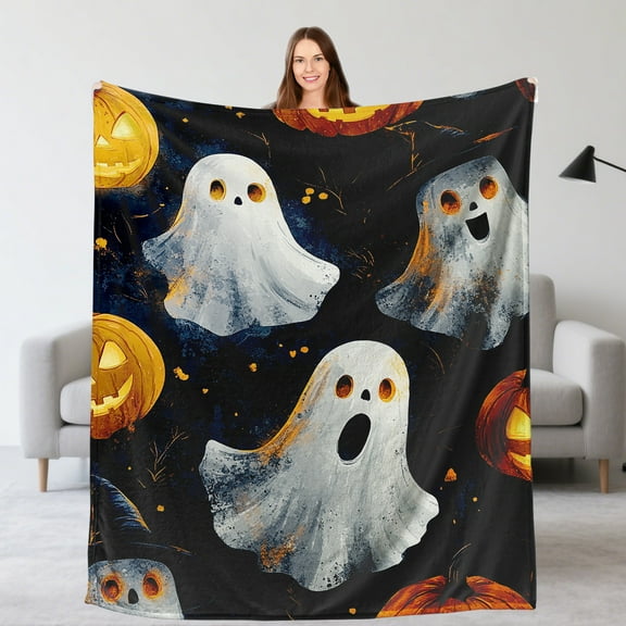 Halloween Flannel Fleece Blanket, Throw Soft Warm Fluffy Plush Blanket, Spider Webs Witch's Hat Black Bats and Decorated Pumpkins Print on Bed Couch Chair Living Room