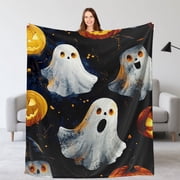 Halloween Flannel Fleece Blanket, Throw Soft Warm Fluffy Plush Blanket, Spider Webs Witchs Hat Black Bats and Decorated Pumpkins Print on Bed Couch Chair Living Room