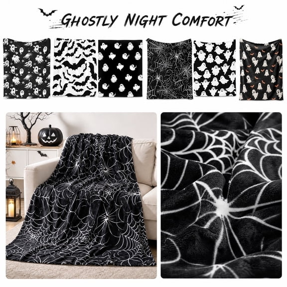 Halloween Flannel Throw Blanket – Digital Printed Ghost & Spider Web Design for Sofa, Couch & Bed – Soft Plush Decorative Accent for Holiday Home Styling – 27.5 x 39.4 Inch A