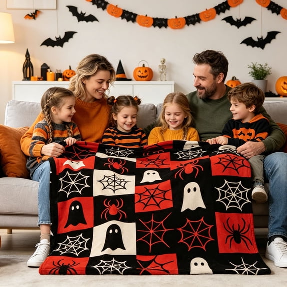 Halloween Flannel Throw Blanket Festive Printed Decorative, Cozy Warm Fall Thanksgiving Decorative Lightweight Blanket for Couch Sofa Bedroom, Ideal Seasonal Gift Home Decorative Accent