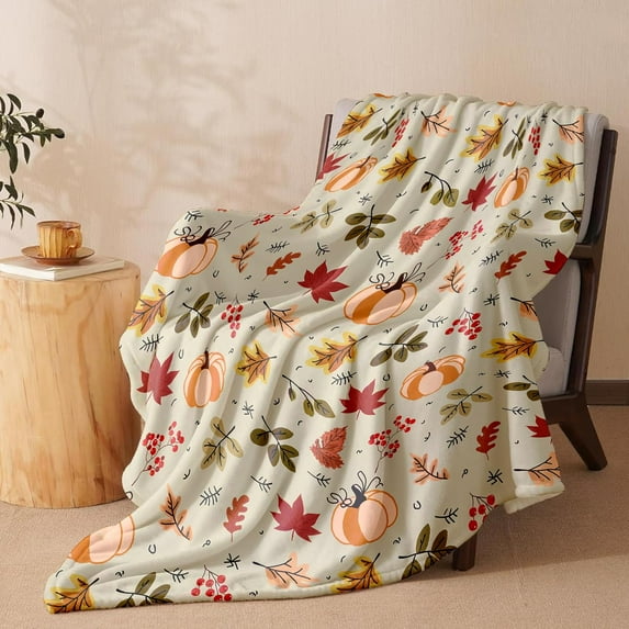 Halloween Flannel Throw Blanket – Ghost, Bat & Pumpkin Pattern – Orange Festive Blanket for Couch or Bed, 50 x 60in