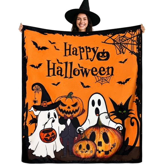 Halloween Flannel Throw Blanket, Pumpkin Ghost Bat Witch Spooky Print, Soft Cozy Blanket For Sofa, Bed, Home Decor, For Kids Teens Adults, 60" x 80"