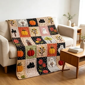 Halloween Flannel Throw Blanket, Pumpkin Ghost Patchwork Lightweight Warm Fall Quilted Blanket for Sofa Bed Couch Indoor Home Decor Holiday Gift B
