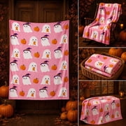 Halloween Flannel Throw Blanket, Pumpkins White Ghosts Pink Blanket For Sofa Bed Versatile Home Bedroom Living Room And Holiday Decor, 1Pcs,39.4 x27.6in