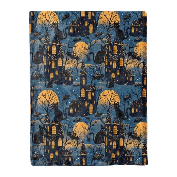 Halloween Flannel Throw Blanket Soft Lightweight Gothic Horror Blanket with Haunted House Cat Tree and Moon Print for Sofa Bed