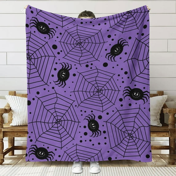 Halloween Flannel Throw Blanket, Spider Pattern Orange Festive Blankets for Bed, Couch or Halloween decorations 51.18x59.1Inch Purple