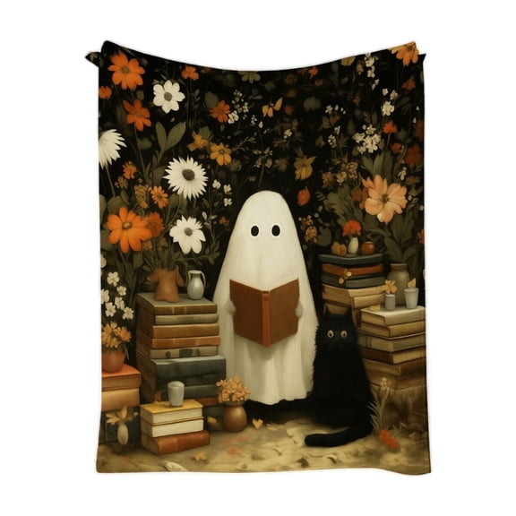 Halloween Flannel Throw Blanket with Spooky Ghost Black Cat Vintage Book Print, Soft Lightweight Blanket for Cozy Rest and Themed Home Use, Festive Accessory for Indoor Spaces, 1