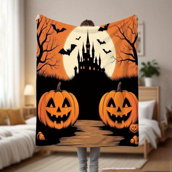 Halloween Flannel Throw Blanket - Ultra-Soft 280gsm Warm Lightweight Bedspread with Jack-O'-Lanterns, Bats & Haunted Castle Design - Orange & Black Spooky Decor for Couch, Bed, Dorm - Machine Washabl