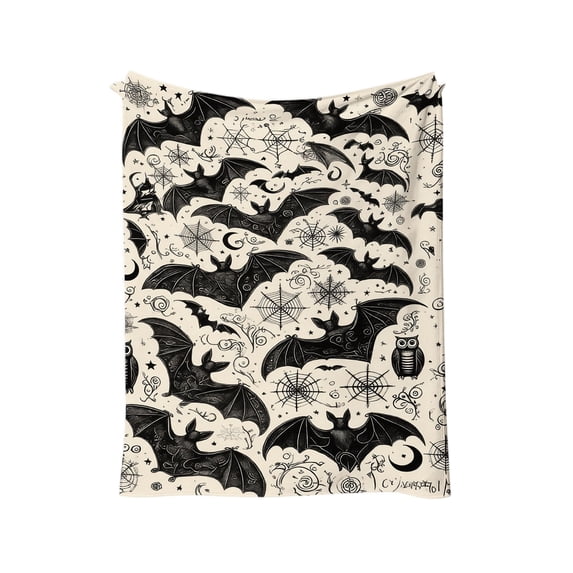 Halloween Flannel Throw Blanket, Vintage Floral Black Bat Retro Beige Background Soft Cozy Blanket, Halloween Decorations for Sofa, Bed, Bedroom, Halloween Party, Fall Home Decor, M