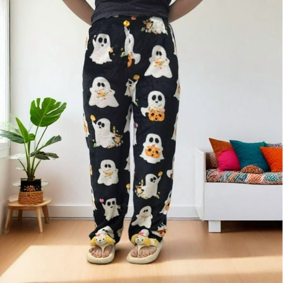 Halloween Flannel pajama pants for women's autumn and winter new thickened and fleece warm casual home pants, walking pants