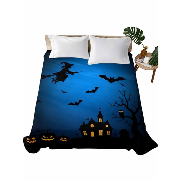 Halloween Flat Sheet Only Twin Size, Soft Breathable Bed Top Sheets for Mattress, Castle Pumpkin Witch Bat Blue Black Luxury Bedding Flat Sheets for Home Hotel Bedroom Bed Protection