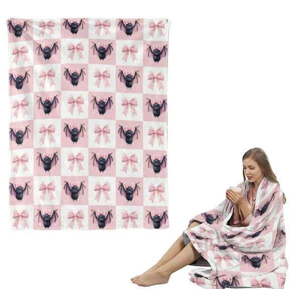 Halloween Fleece Blanket 27.5"x39.5" Cute Bow Bats/Pumpkin Pattern Sherpa Blanket Cartoon Checkered Halloween Fuzzy Plush Throw for Kids Boys Girls,Bowknot Animal Print Decor for Bed Couch(501#A)