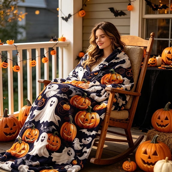 Halloween Fleece Blanket 78x59in Soft Throw for Couch Bedroom, Warm Plush Flannel Blanket with Halloween Print, Lightweight Home Decor Gift by OVFUIZ