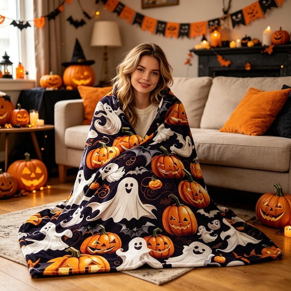 Halloween Fleece Blanket 78x59in Soft Throw for Couch Bedroom, Warm Plush Flannel Blanket with Halloween Print, Lightweight Home Decor Gift by OVFUIZ