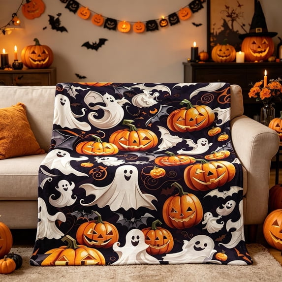 Halloween Fleece Blanket 78x59in Soft Throw for Couch Bedroom, Warm Plush Flannel Blanket with Halloween Print, Lightweight Home Decor Gift by OVFUIZ