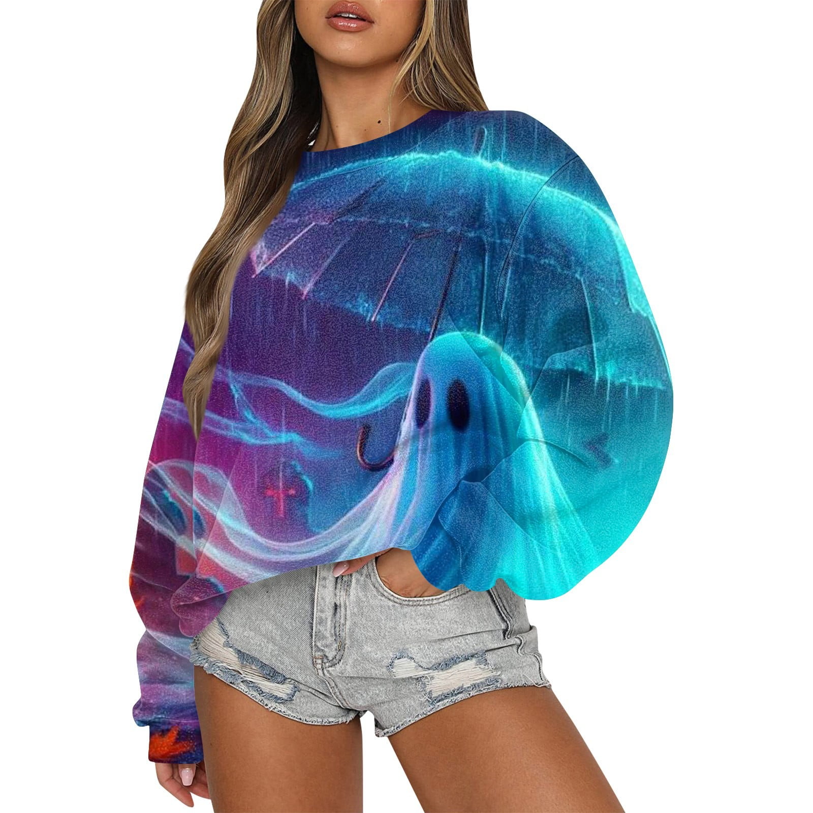 Halloween Fleece Sweatshirt for Women Pumpkin Bats Print Pullover