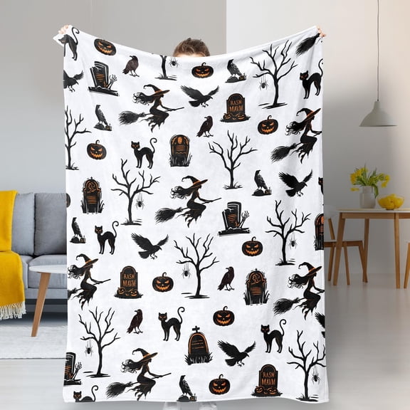 Halloween Fleece Throw Blanket, Black Cat Witch Print, Super Soft Cozy Plush Blanket for Couch Sofa Bedding 80"x60"