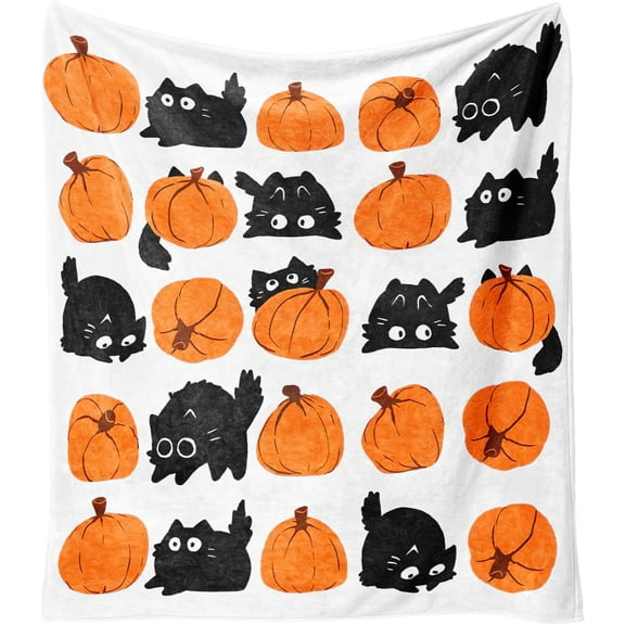 Halloween Fleece Throw Blanket with Black Cats and Pumpkins, Fall Flannel Blanket for Women, Cozy Soft Blanket for Couch, Bed, Chair, Dorm Decor, 60" x 50"