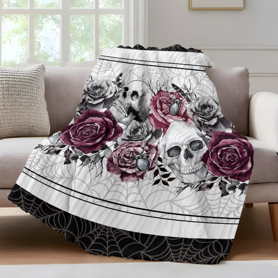 Halloween Fleece Throw Blanket for Couch, Black Horror Skull Roses Spi-der Web Vintage Microfiber Flannel Blanket for All Season, Lightweight Soft Throw Blankets for Bedroom, Living Room, 60"x80"