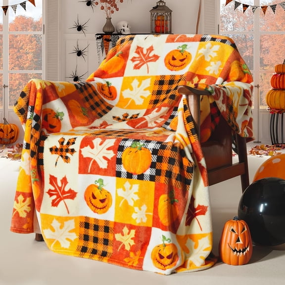 Halloween Fleece Throw Blanket, Pumpkin, Leaves Fall Plaid Blanket, Soft Fuzzy Plush for Couch Sofa or Bed, Luxury Flannel Lap Blanket, for Kids, Adults, Wife, Self (50" x 60")