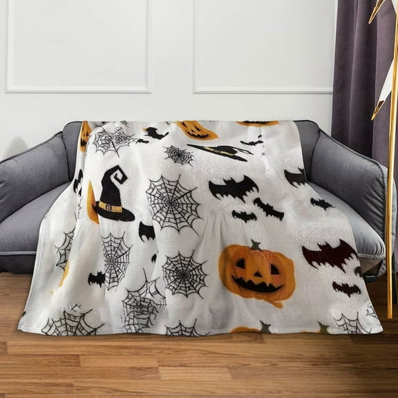 Halloween Fleece Throw Blanket：Spider Webs Witch's Hat Black Bats Orange Pumpkins Soft Warm Flannel for Bed Couch Chair Living Room