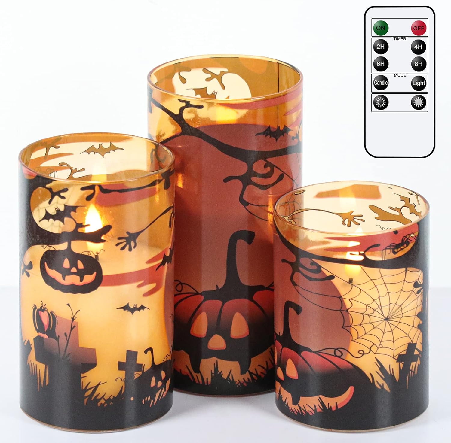 Halloween Flickering Candles with Pumpkin, Spider  Decals, Orange Glass Battery Operated