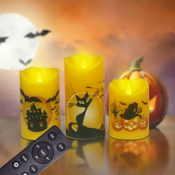 Halloween Flickering Flameless Candles with Remote and Timer, LED Real Wax Battery Operated Candles, Halloween Decorations Indoor(3" × 4" 5" 6", Set of 3)