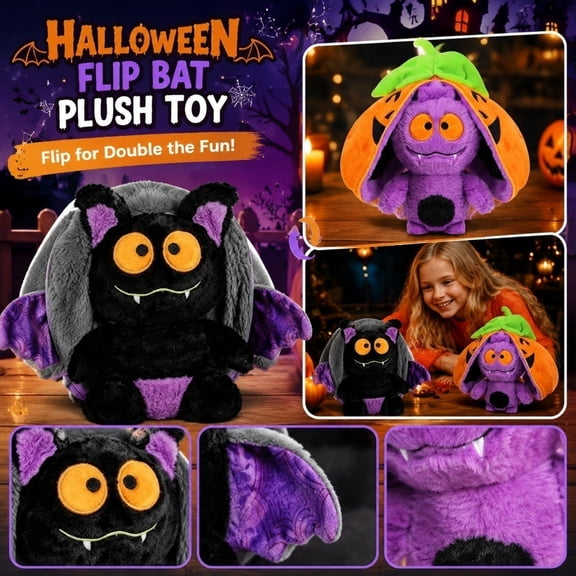 Halloween Flip Bat Plush Toy, Reversible Bat to Pumpkin Stuffed Animal, Soft Plushie Doll for Holiday Decorations, 7.8in