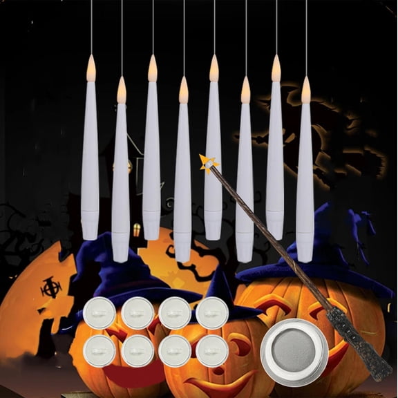 Halloween Floating LED Candles 8 Pack 7 in, Flameless Taper Candles with Wand Remote Control Accent Decor Supply Set Element for Ceiling, Wizard Birthday Party.
