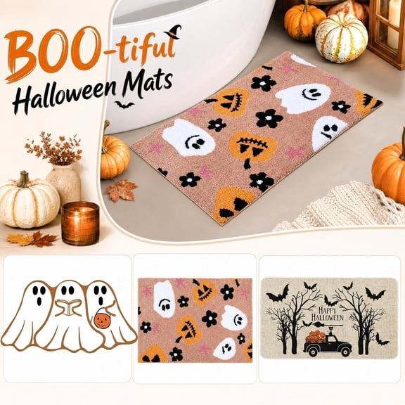 Halloween Floor Rug, Halloween Decoration, Porch Decor, Gift for Halloween, 36X24 Inch Spooky Bat Bare Tree Halloween Truck Welcome Mat, Durable Rubber Backed Flocked Doormat for