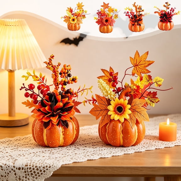 Halloween Floral Arrangement,Halloween Artificial Pumpkin Maple Sunflower Berry Mixed Foliage Matte Foam Base Pre Assembled Centerpiece,Mini Tabletop Accent For Mantel Thanksgiving Fall Styling
