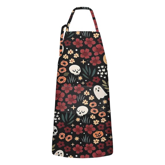 Halloween Floral Ghosts Apron-Garden Aprons for Women with Pockets-Cotton Linen Waterproof Kitchen Cooking Gardening Aprons Adjustable for Kitchen,Cooking,BBQ and Salon 32"x27"